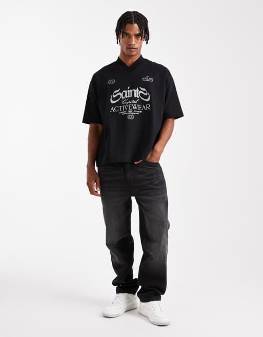 ASOS DESIGN premium interlock boxy oversized t-shirt with v neck and sports graphic in black