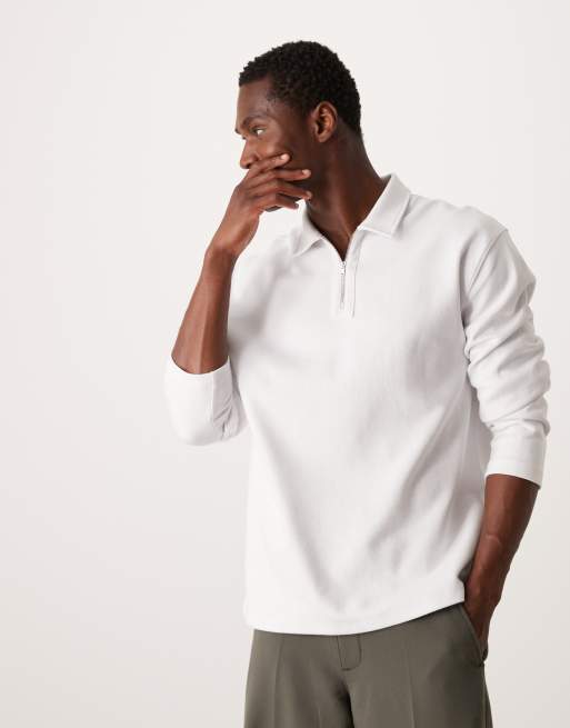 ASOS DESIGN Premium interlock relaxed long sleeve polo with zip 300gsm in white ASOS