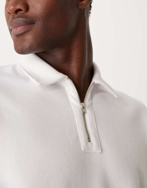 ASOS DESIGN Premium interlock relaxed long sleeve polo with zip 300gsm in white