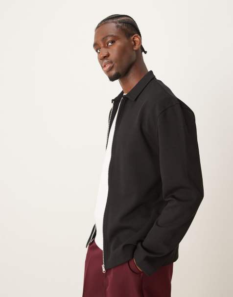 ASOS DESIGN Premium interlock relaxed long sleeve zip shirt 300gsm in black - view 1