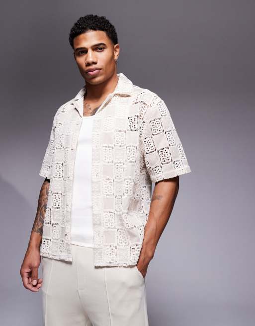 ASOS DESIGN Premium – Jasnobeżowa szydełkowana koszula pudełkowa o luźnym kroju