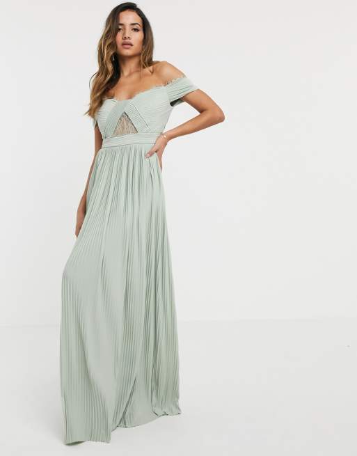 ASOS DESIGN Premium – Jasnozielona plisowana sukienka maxi z dekoltem bardot i wstawką z koronki