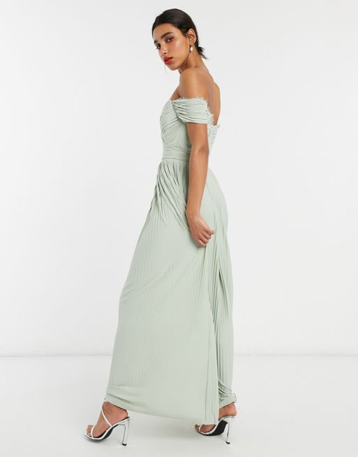 ASOS DESIGN Premium – Jasnozielona plisowana sukienka maxi z dekoltem typu  bardot dla większych rozmiarów biustu ze wstawką z koronki | ASOS