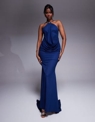 Asos Design Premium Jersey Linen Halterneck Maxi Dress With Multi Trim Detail And Train In Blue