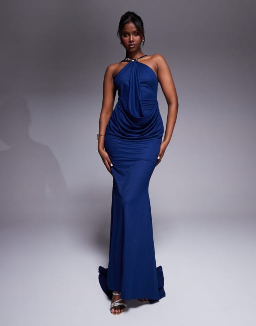 ASOS DESIGN premium jersey linen halterneck maxi dress with multi trim detail and train in dark blue