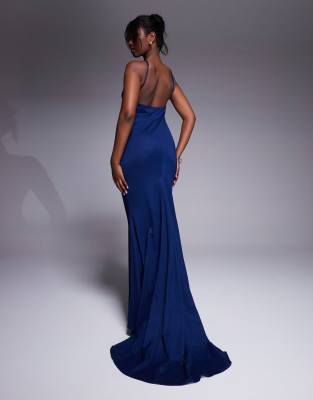 Asos Design Premium Jersey Linen Halterneck Maxi Dress With Multi Trim Detail And Train In Blue