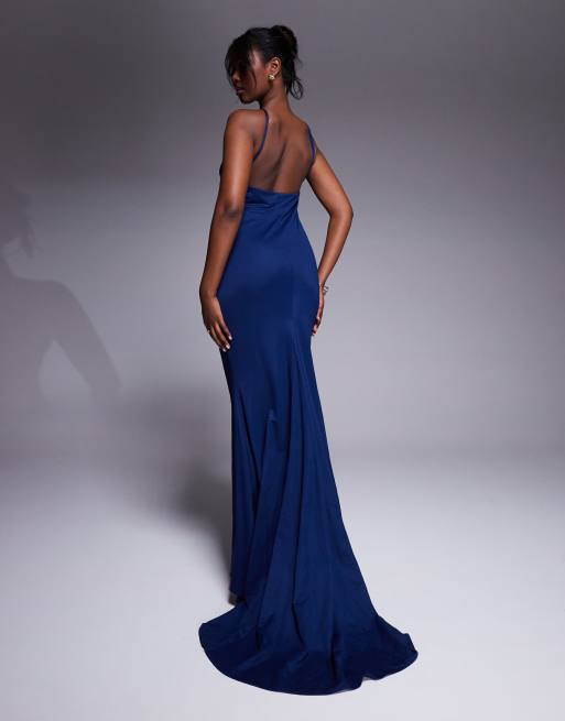 ASOS DESIGN premium jersey linen halterneck maxi dress with multi trim detail and train in dark blue