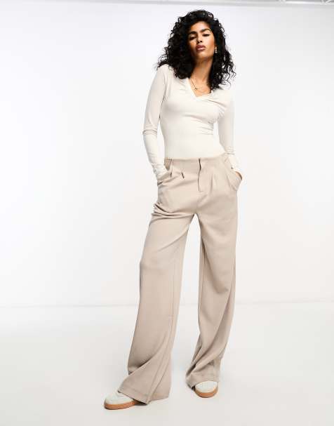 Topshop Petite faux leather super wide tailored trouser in ecru