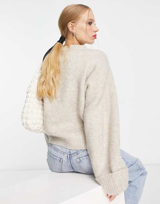 ASOS DESIGN premium jumper with turn back cuff in wool blend yarn in oatmeal, 4 of 4