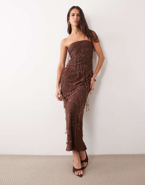 ASOS DESIGN premium jurk met kant, versiering en kwastjes, bandeau, maxi, chocoladebruin - view 1