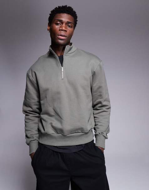 ASOS DESIGN - Premium - Kakigrøn oversized sweatshirt med kvart lynlås i kraftigt stof på 400 gsm i firkantet pasform - view 1