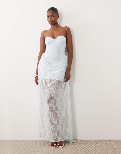 ASOS DESIGN - Premium - Kanten maxi korsetjurk met bandeau-halslijn en gedrapeerde rok-overlay in lichtblauw - view 1