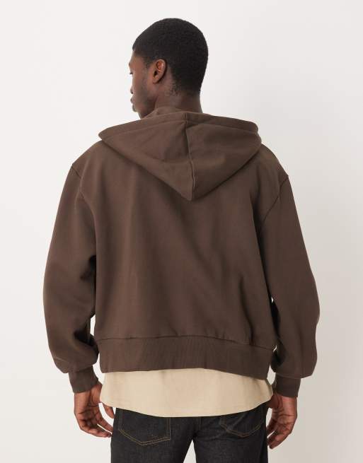 ASOS DESIGN – Premium – Kastiger Oversize-Kapuzenpullover aus schwerem Material in Braun mit Reißverschluss, 400 g/m², 3 von 5