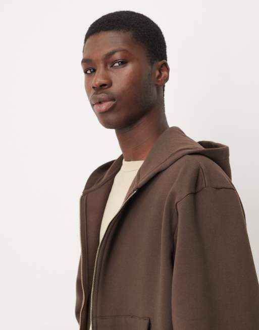 ASOS DESIGN – Premium – Kastiger Oversize-Kapuzenpullover aus schwerem Material in Braun mit Reißverschluss, 400 g/m², 4 von 5