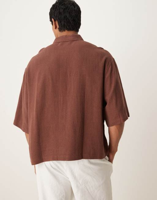ASOS DESIGN – Premium – Kastiges Oversize-Hemd in Braun aus Leinenmix mit Stickerei, 4 von 4