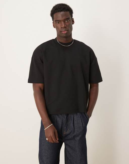 ASOS DESIGN – Premium – Kastiges Oversize-T-Shirt aus Interlock-Stoff in Schwarz mit überschnittenen Schultern, 300 g/m²