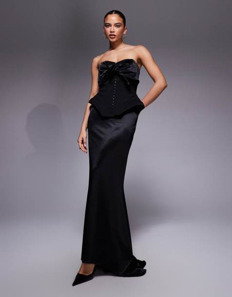 ASOS DESIGN Premium knotted bandeau maxi dress with corsetry detail in black - view 1