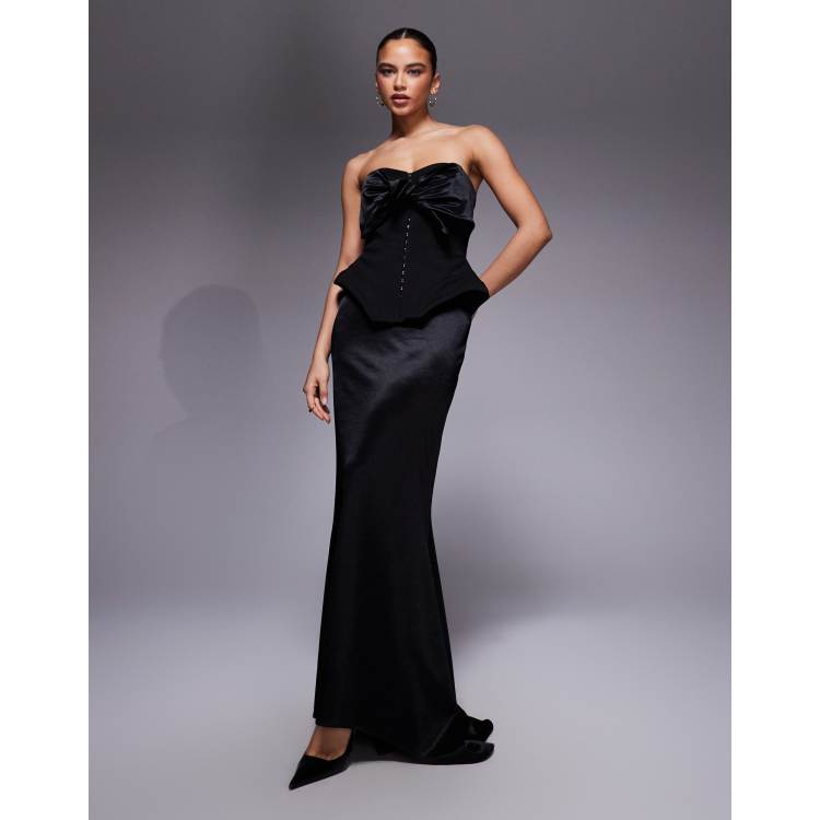 asos design structured bandeau maxi dress ARRANGE Structured Satin Bandeau Maxi Dress in olive-Green