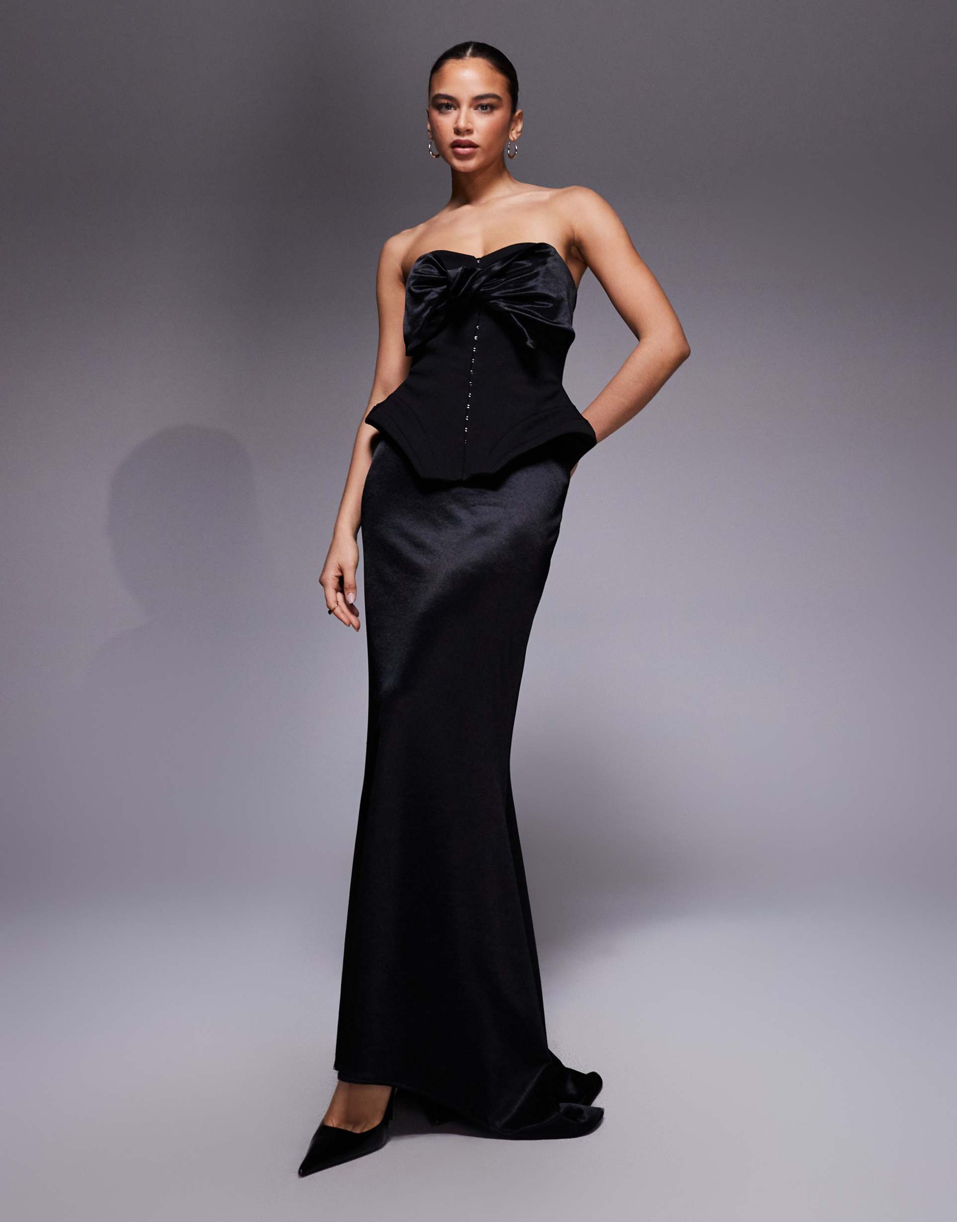 asos design premium knotted bandeau maxi dress with corsetry detailing in black