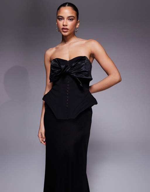 ASOS DESIGN Premium knotted bandeau maxi dress with corsetry detailing in black, 4 of 4