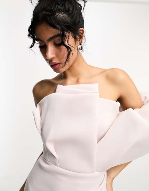 ASOS DESIGN - Premium - Kokosfarvet oneshoulder-maxikjole med manipulerede draperinger og slids ved låret, 3 af 4
