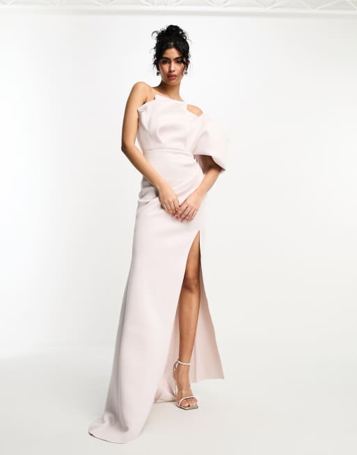 ASOS DESIGN - Premium - Kokosfarvet oneshoulder-maxikjole med manipulerede draperinger og slids ved låret, 4 af 4
