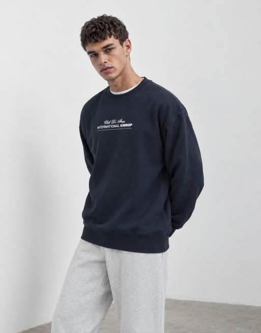 ASOS DESIGN premium kraftig oversize-tröja med brösttryck i marinblått, 10 av 10