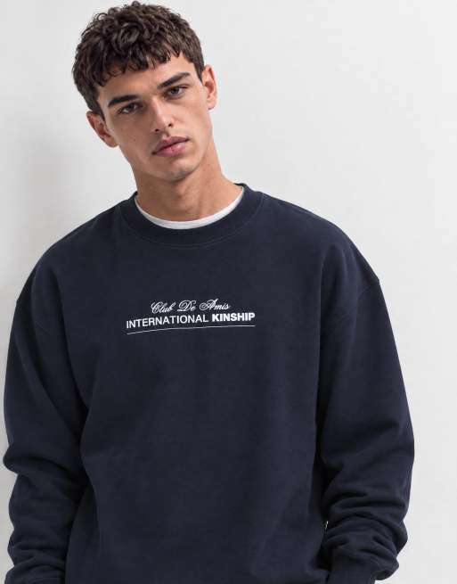 ASOS DESIGN premium kraftig oversize-tröja med brösttryck i marinblått, 7 av 10
