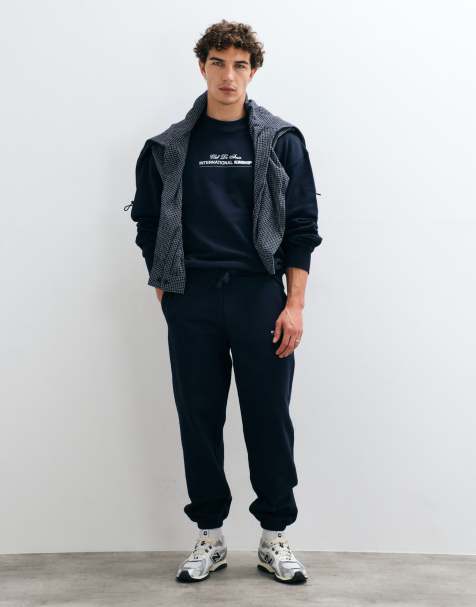 ASOS DESIGN premium kraftige joggingbukser med ribkanter og print i marineblå - view 1