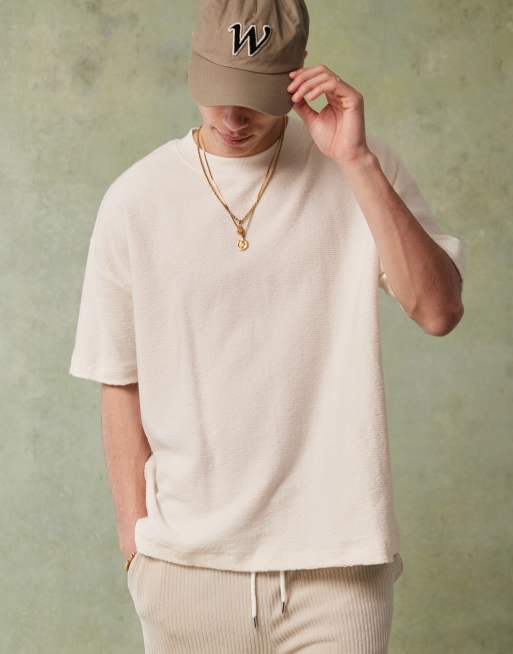ASOS DESIGN Premium – Kremowy fakturowany T-shirt oversize