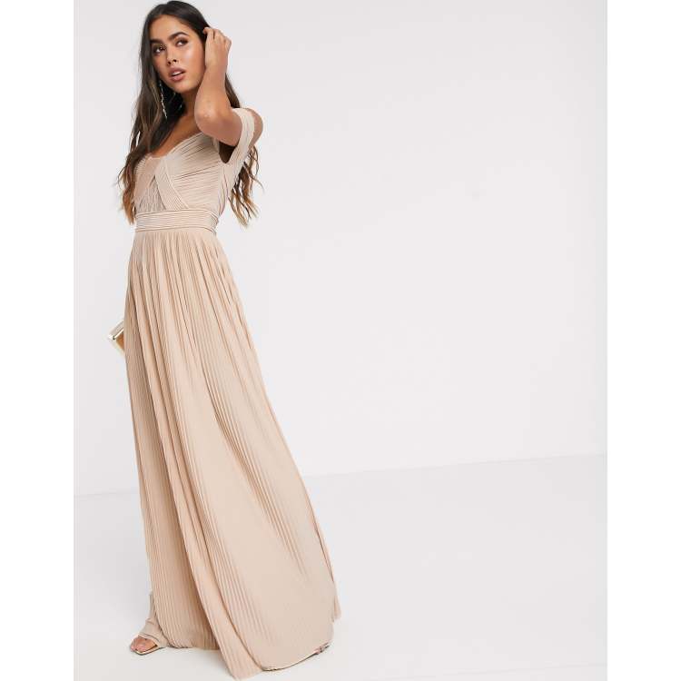 ASOS DESIGN premium lace and pleat bardot maxi dress in champagne