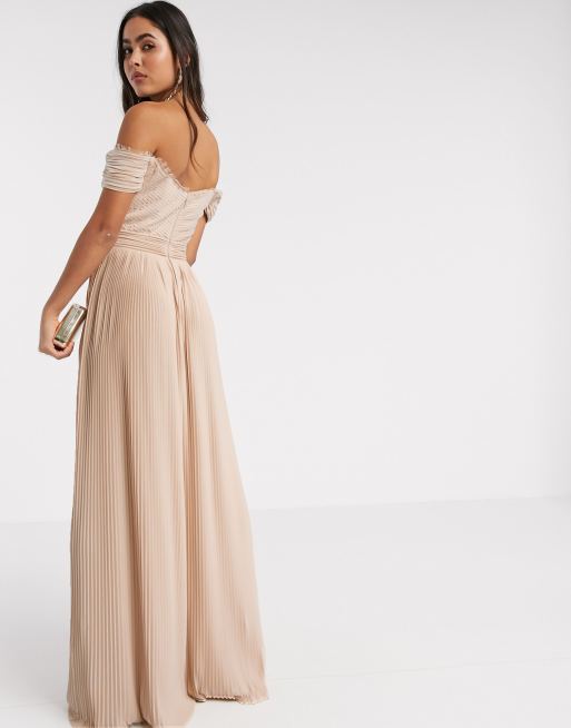 ASOS DESIGN premium lace and pleat bardot maxi dress in gold