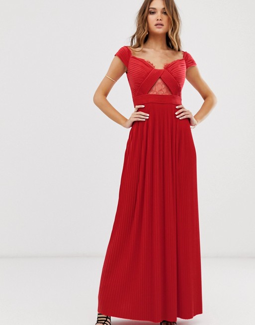 ASOS DESIGN Premium lace and pleat bardot maxi dress in bright red