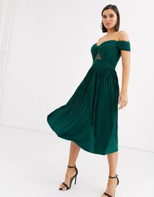 asos design premium lace insert pleated midi dress