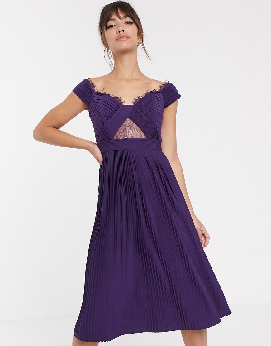 ASOS DESIGN premium lace and pleat bardot midi dress-Purple