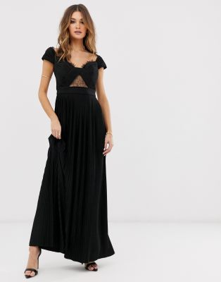 ASOS DESIGN Premium lace and pleat off-the-shoulder maxi dress in black