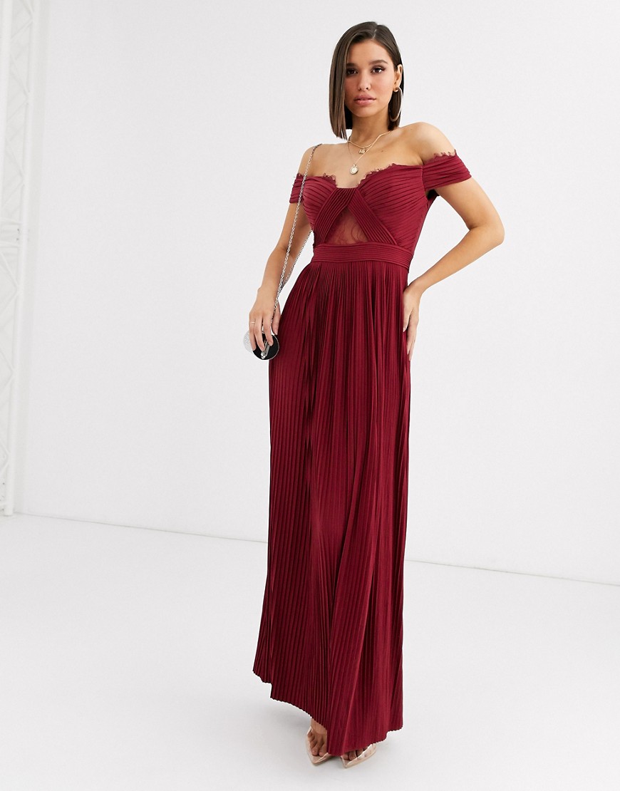ASOS DESIGN premium lace and pleat off-the-shoulder maxi dress in oxblood-Red