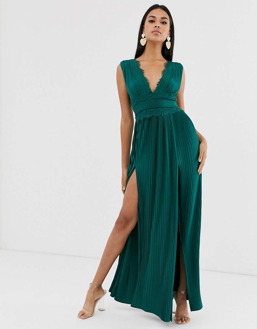 ASOS DESIGN premium lace insert pleated maxi dress in forest green
