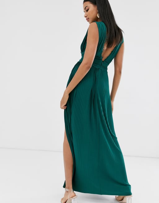 ASOS DESIGN premium lace insert pleated maxi dress in forest green