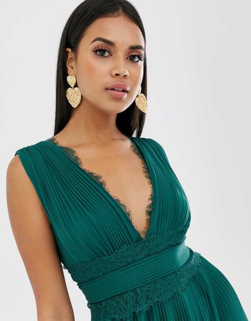 ASOS DESIGN premium lace insert pleated maxi dress in forest green