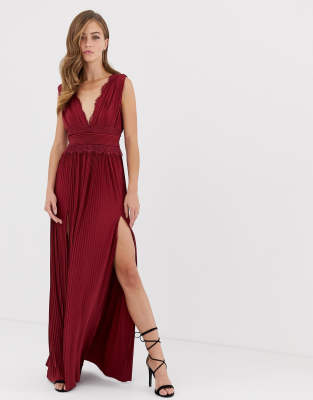 ASOS DESIGN premium lace insert pleated maxi dress in oxblood-Red