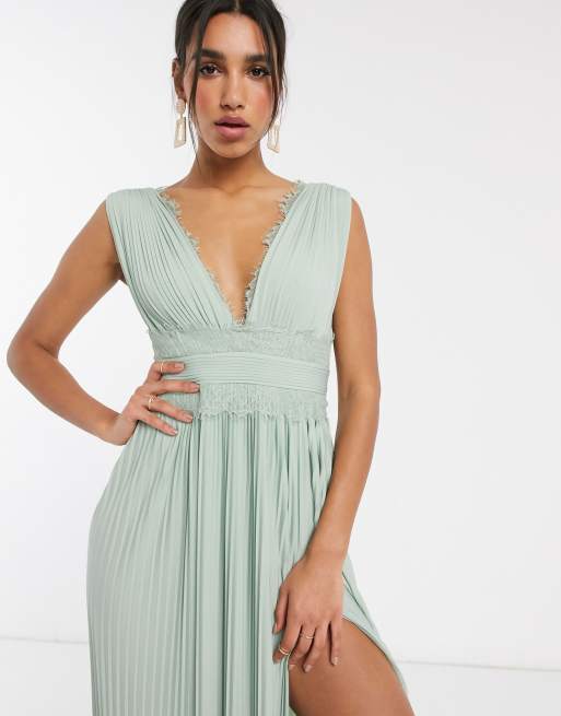 ASOS DESIGN Premium Lace Insert Pleated Maxi Dress in sage green