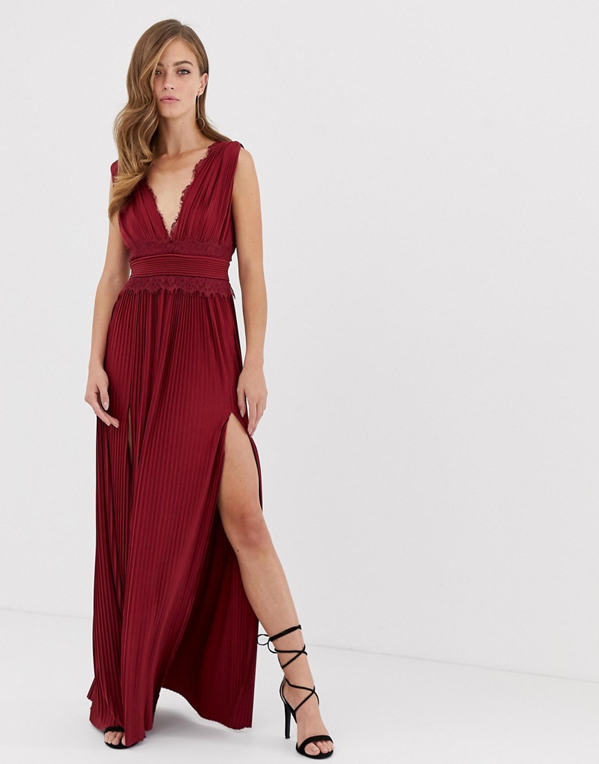 ASOS DESIGN premium lace insert pleated maxi dress-Red