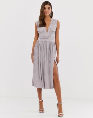 asos design lace and pleat midi dress