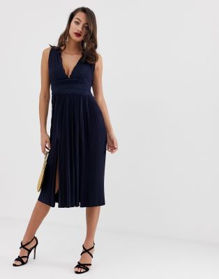 asos design lace and pleat midi dress