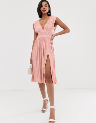 blush pleated midi dress