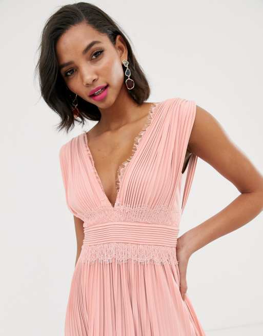 ASOS DESIGN Premium Lace Insert Pleated Midi Dress ASOS