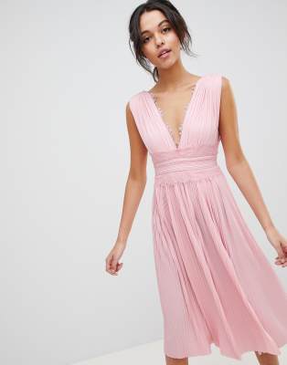 asos design pleated midi dress with lace inserts