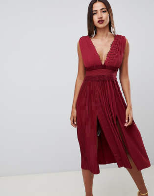 asos design premium lace insert pleated midi dress