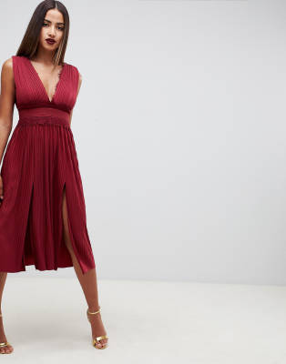 asos design pleated midi dress with lace inserts